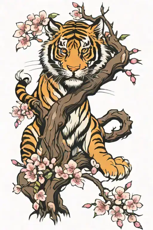 Chinese Tiger And Cherry Blossom Tree