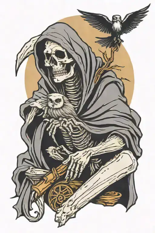 Grim Reaper Sitting With An Owl In The Background