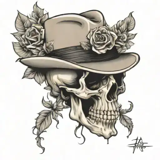 Skull With Fedora And Flowers