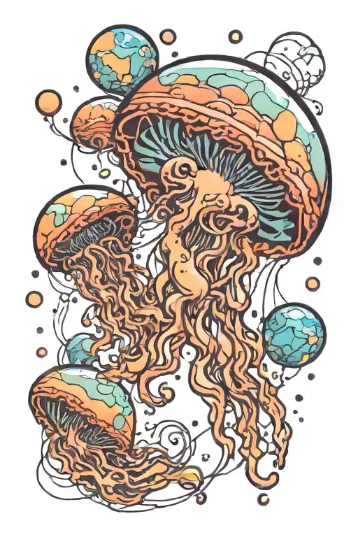 Jellyfish Floats In Space Between Planets Of Bubbles