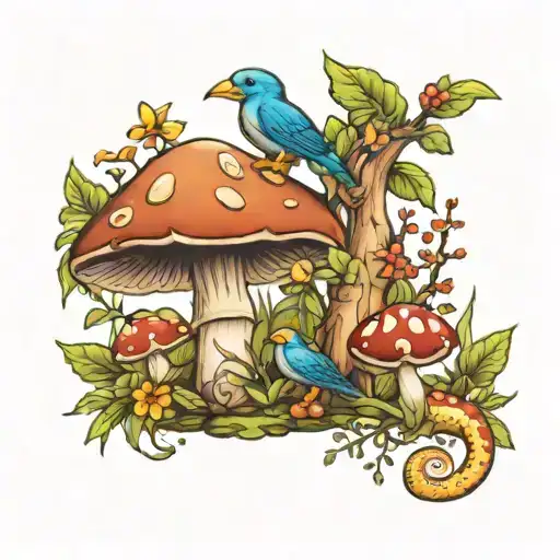 Mushrooms Birds Gecko In Forest Scene