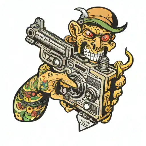 Cartoon Personified Radio With Arms Holding A Handgun And Pointing The Gun At Itself