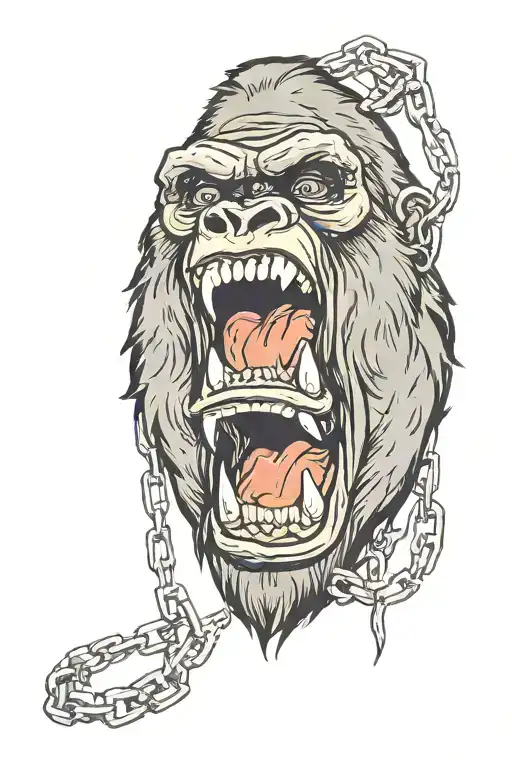 Tough Gorilla Aggressive Face With Mouth Open Teeth Showing Wearing A Metal Chain