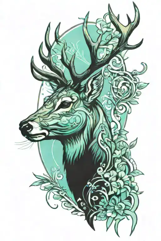 Sketched Deer With Antlers With The Colors Light Blue And Light Green Behind It