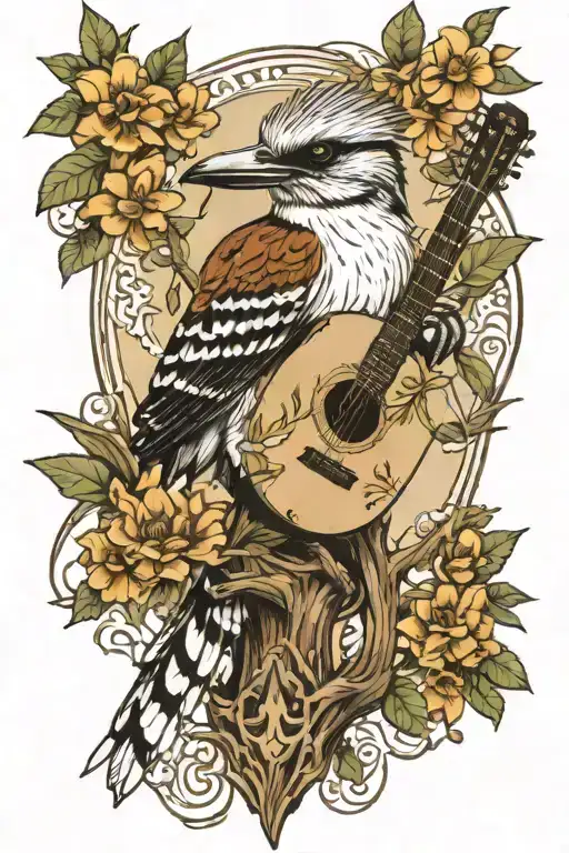 Kookaburra Perched Regally On Acoustic Guitar Surrounded By Nature