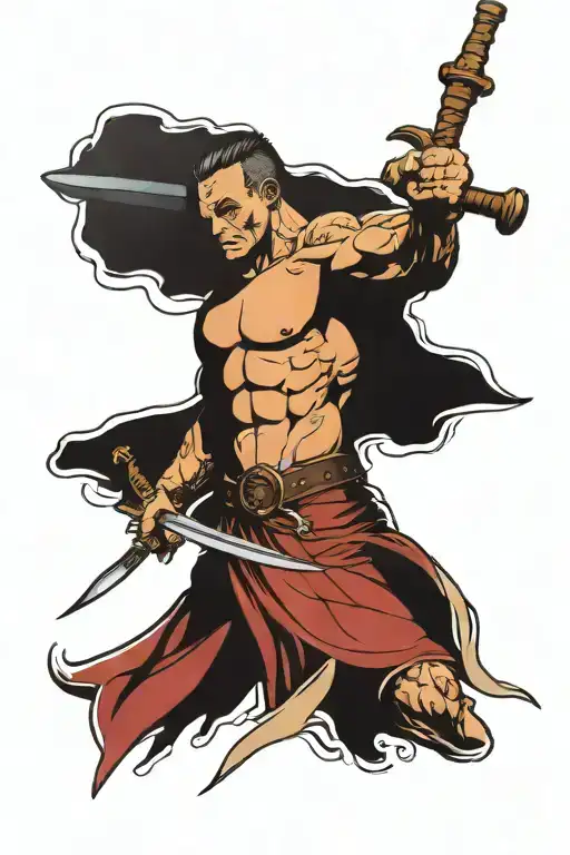 Faceless Muscular Man In Front Of A Sword