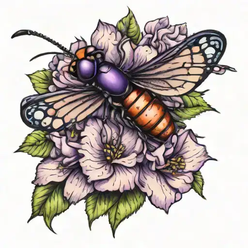 Cricket Insect And Violet Flowers