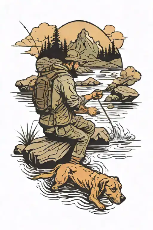 Man Fishing Mountain Stream With Dog Next To Him