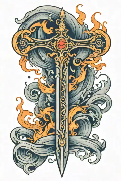 A Trident With Fire On The Left Side And Waves On The Right Side