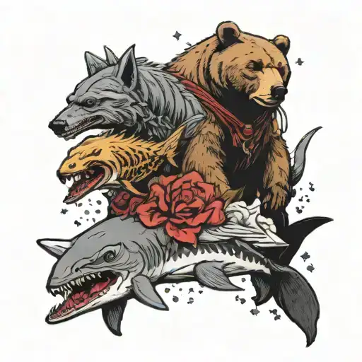 Bear On Top Of Shark And Honey Badger On Top Of Eagle In War