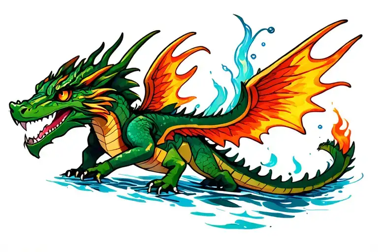 A Water Dragon With Fire And Water Wings