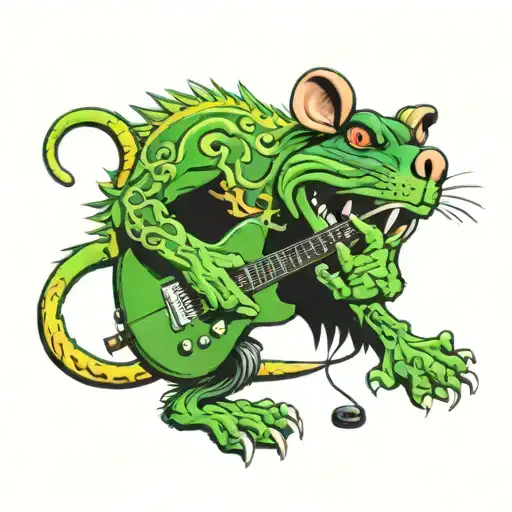 Rat Fink Playing Guitar In Front Of A Green Guitar Amp