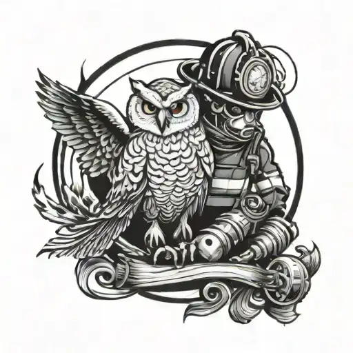 Firefighter With A Owl On The Background Black