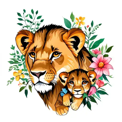 Lioness And Baby Cub Include Flowers Growing