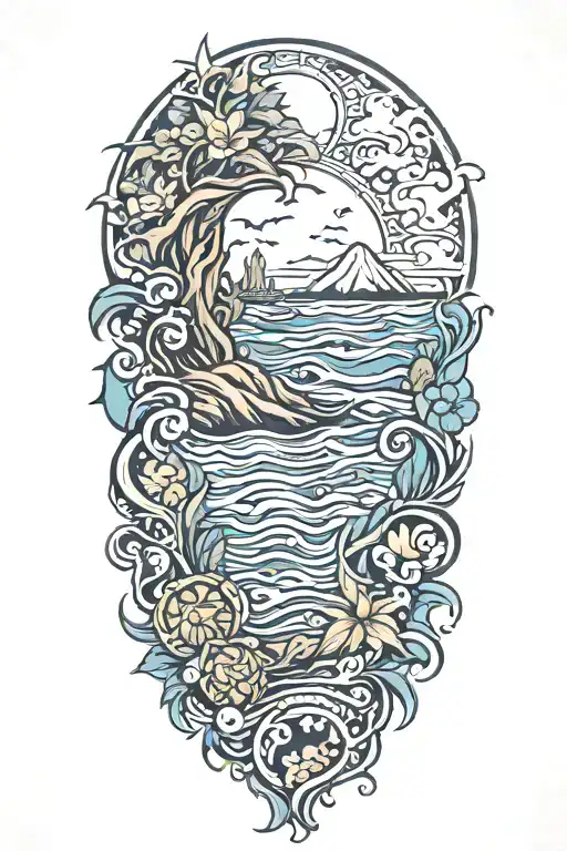 A Tattoo Of A Hawaiian Ocean With Druid Incorporated Into The Design