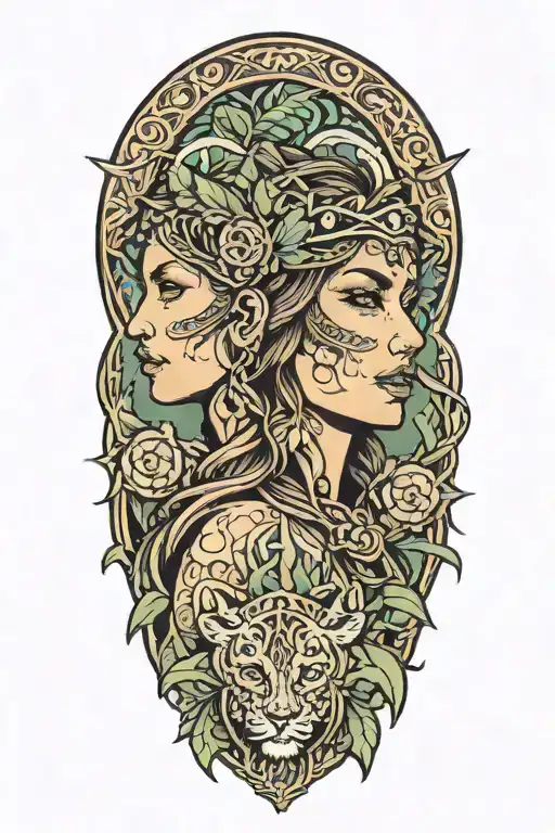 A Tattoo Of Female Druid Incorporated Into The Design Incorporating Elements Of Hawaii