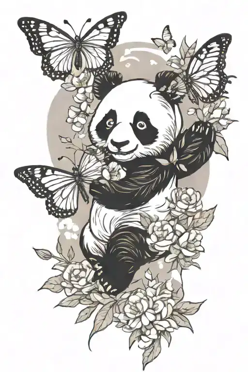 Panda Searching For Butterfly Clouds And Flowers