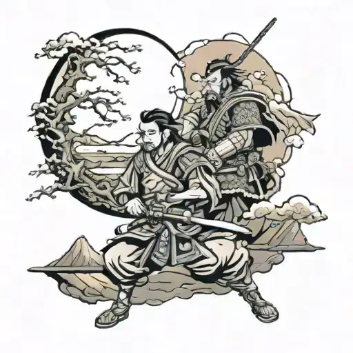 Samurai And Temper With Night Landscape With Moon