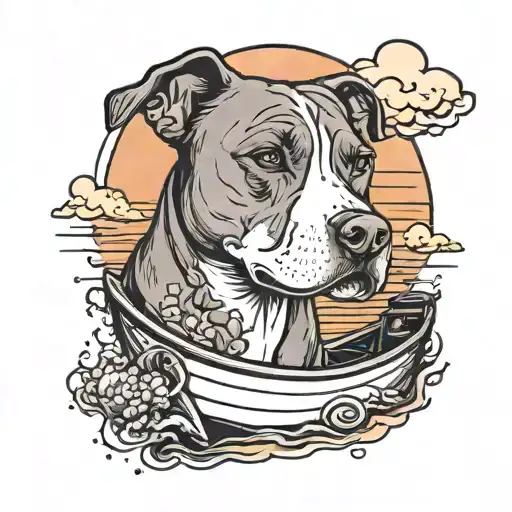 Pitbull Dog On A Boat With Sunset Sky