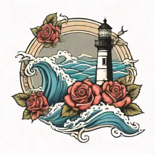 Lighthouse With Crashing Waves And Roses Intertwined