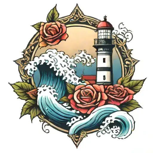 Lighthouse With Crashing Waves And Roses Intertwined