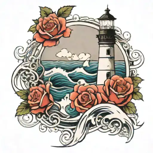 Lighthouse With Crashing Waves And Roses Intertwined
