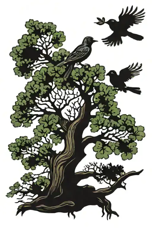 Oak Tree 3 Birds Flying