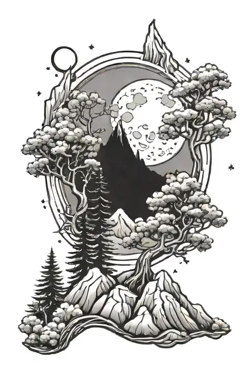 Trees And Mountain With Moon Surrounded
