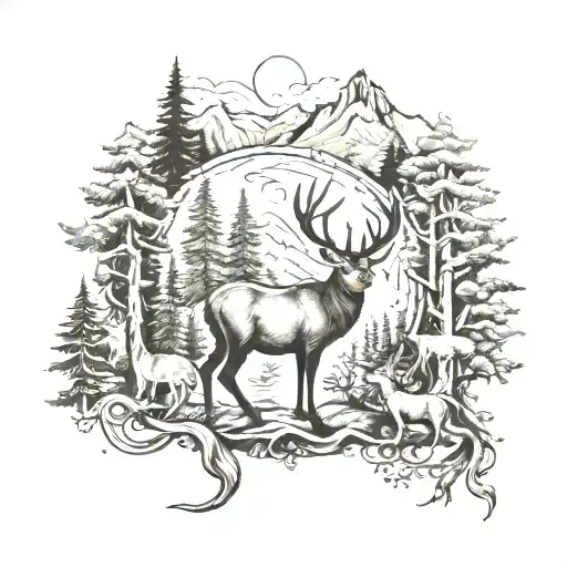 Forest With Mountains Deers Wolves Snakes Birds Bears A Lot Of Animals