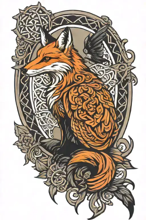 Celtic Cross Fox Sitting Raven Perched