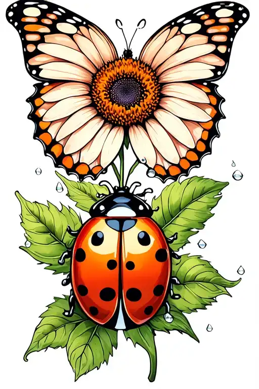 Sunflower Butterfly Lady Bug With Dew On Leaves