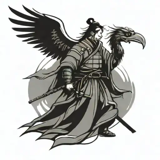 Minimalist Samurai Warrior Architect Holding A Phoenix