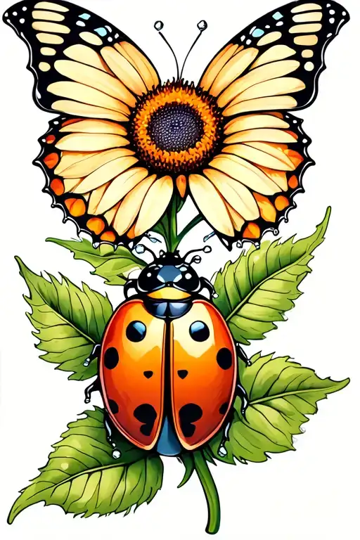 Sunflower Butterfly Small Lady Bug With Dew On Leaves