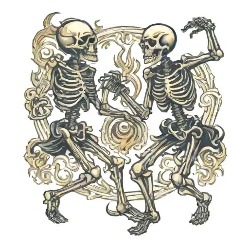 Two Skeletons Dancing Over A Fire