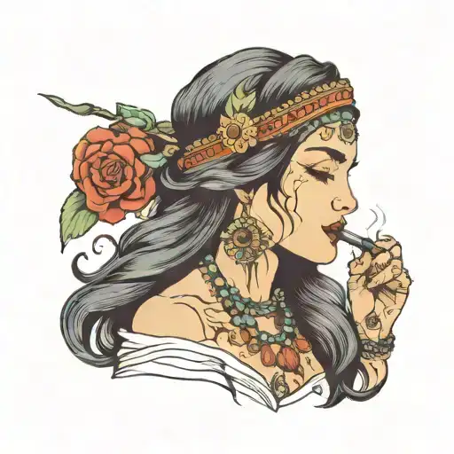 Gypsy Girl With Closed Eyes Smoking A Pipe And She Has Black Hair