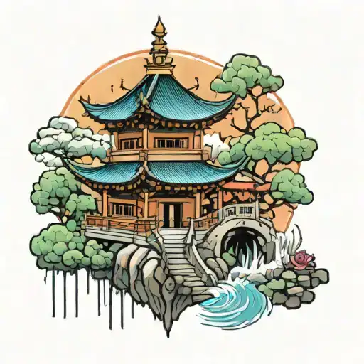 Chinese Temple Surrounded My Rain