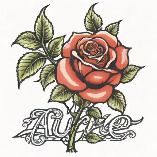 Red Rose With The Name Aurie In Cursive As The Stem