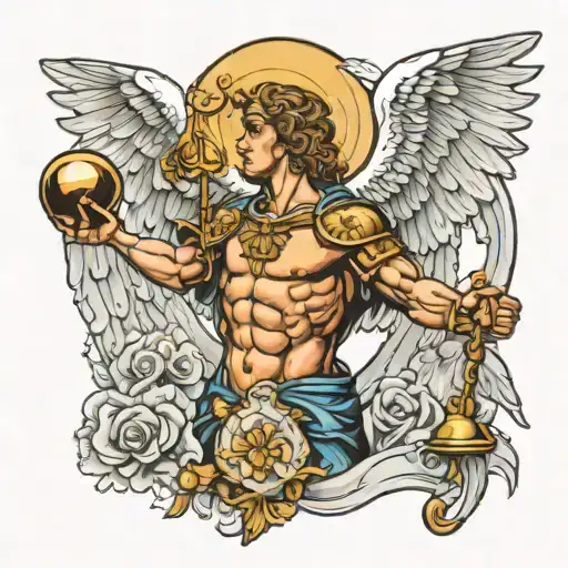 Archangel Saint Michael Ringing A Bell And Small Details In The Background