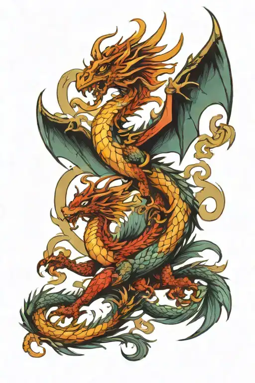 Dragon And Phoenix With Outstretched Wings