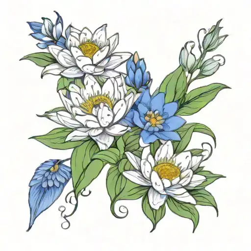 Water Lily And Larkspurs