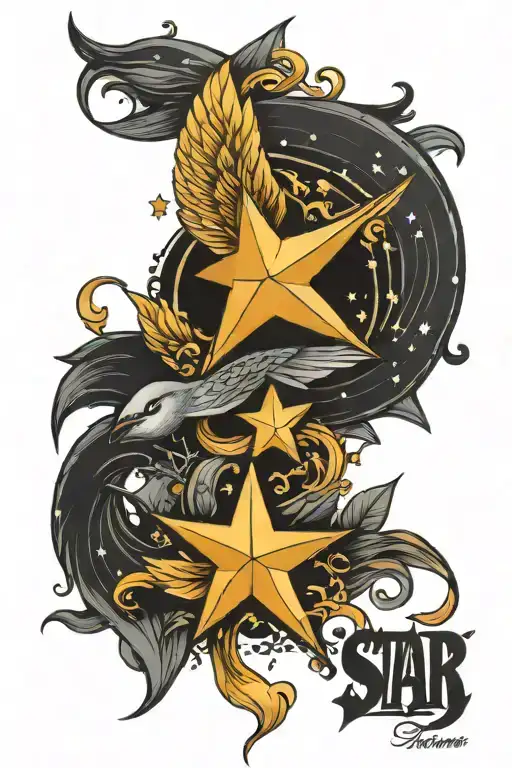 Star And Bird With Name Tattoo Sleeve
