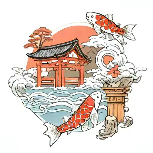 Itsukushima Shrine With Koi Fish
