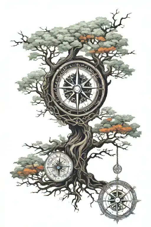 Yggdrasil With An Icelandic Viking Compass In The Stem And Huginn & Munin Sitting In The Tree Top