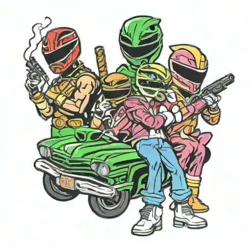 Gangster Power Rangers In Front Of Low Rider Smoking Blunt