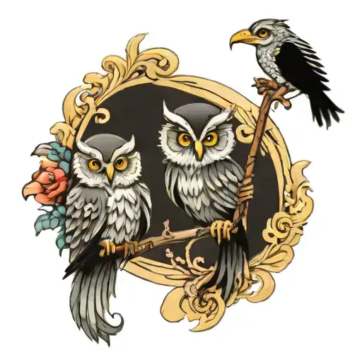 Owl And Seahorse Holding Trident