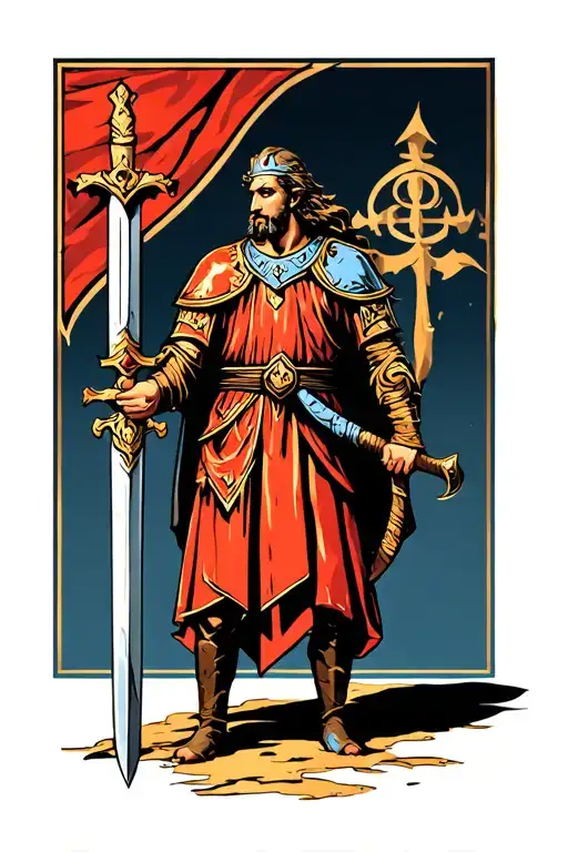 A Medieval King Standing With A Sword The Ground And Head Tilted Down