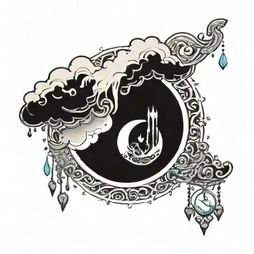 A Crescent In The Clouds Between Praying Hands And Water Drops Falling On The Crescent