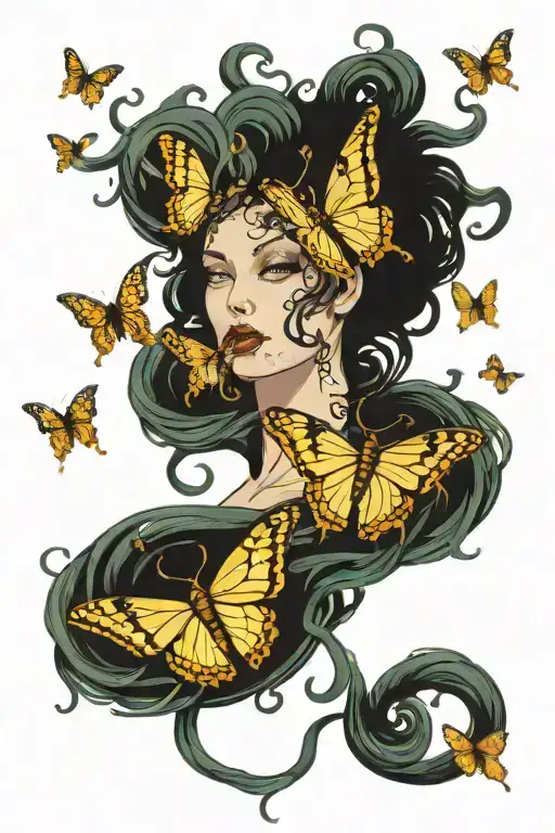 Medusa With Snakes And Butterflies Fluttering