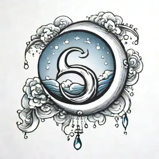 A Crescent In The Clouds Between Praying Hands And Water Drops Falling On The Crescent