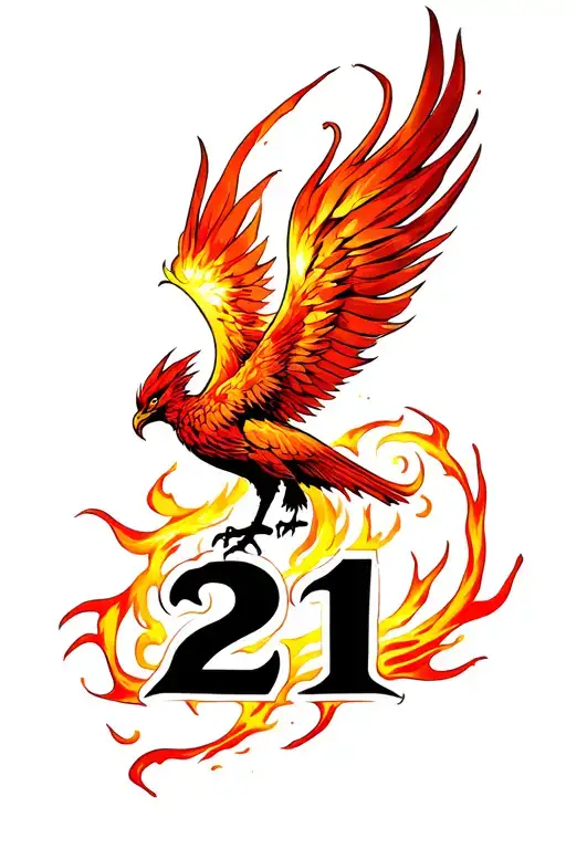 Fiery Phoenix Rising Intertwined With Number 21